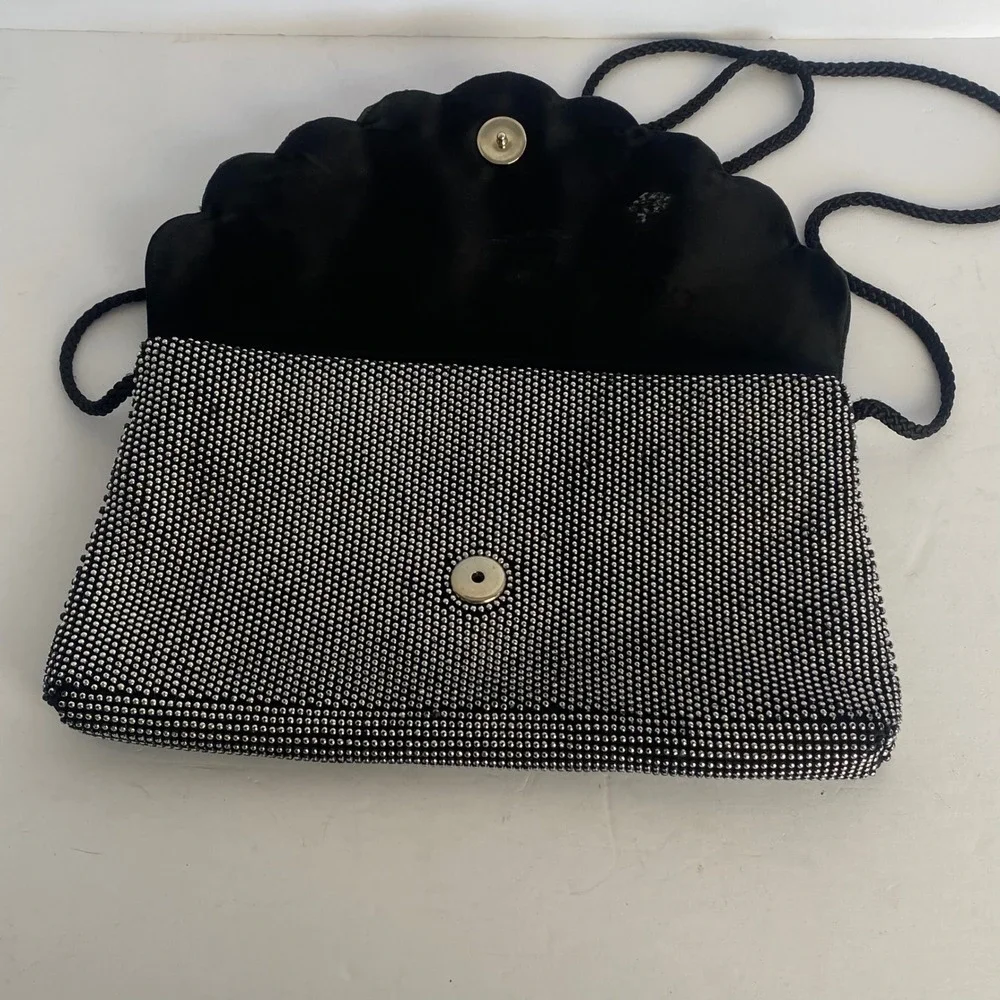 Beaded Evening Clutch Bag Womens Black Silver Scalloped Shell